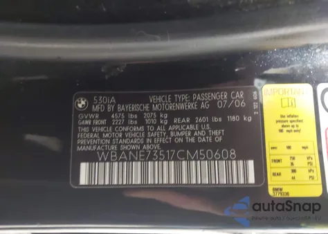 2007 BMW 530I from USA, damaged, VIN WBANE73517CM50608